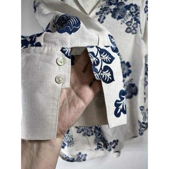 Chicos 100% Linen No Iron Floral Stamp Print Ink Blue 1.5 Button Up Blouse M 10 - Picture 6 of 9